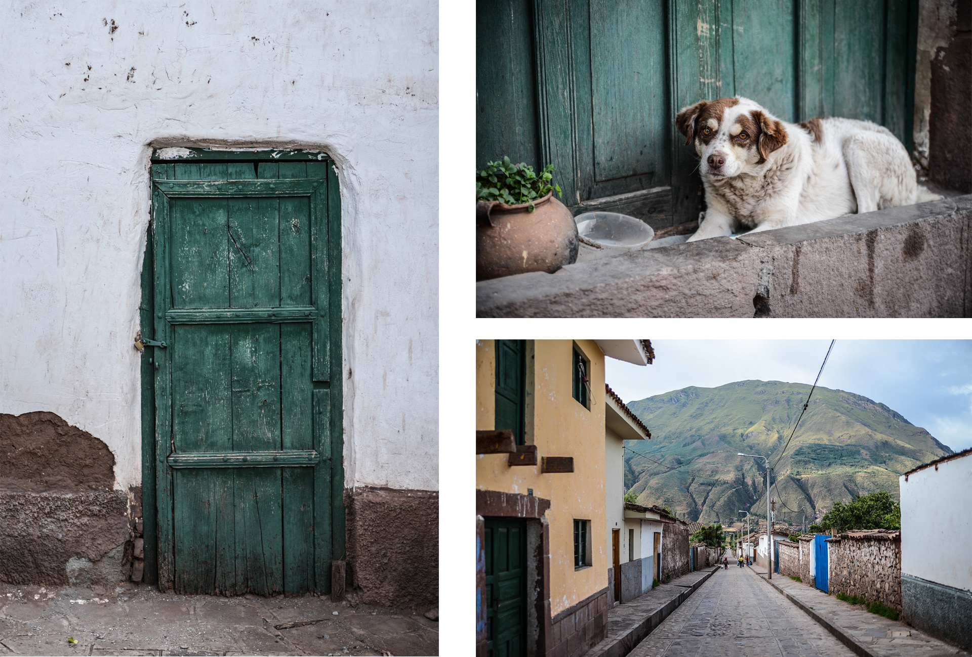 Une porte et un chien dans le village de Andahuaylillas au Pérou