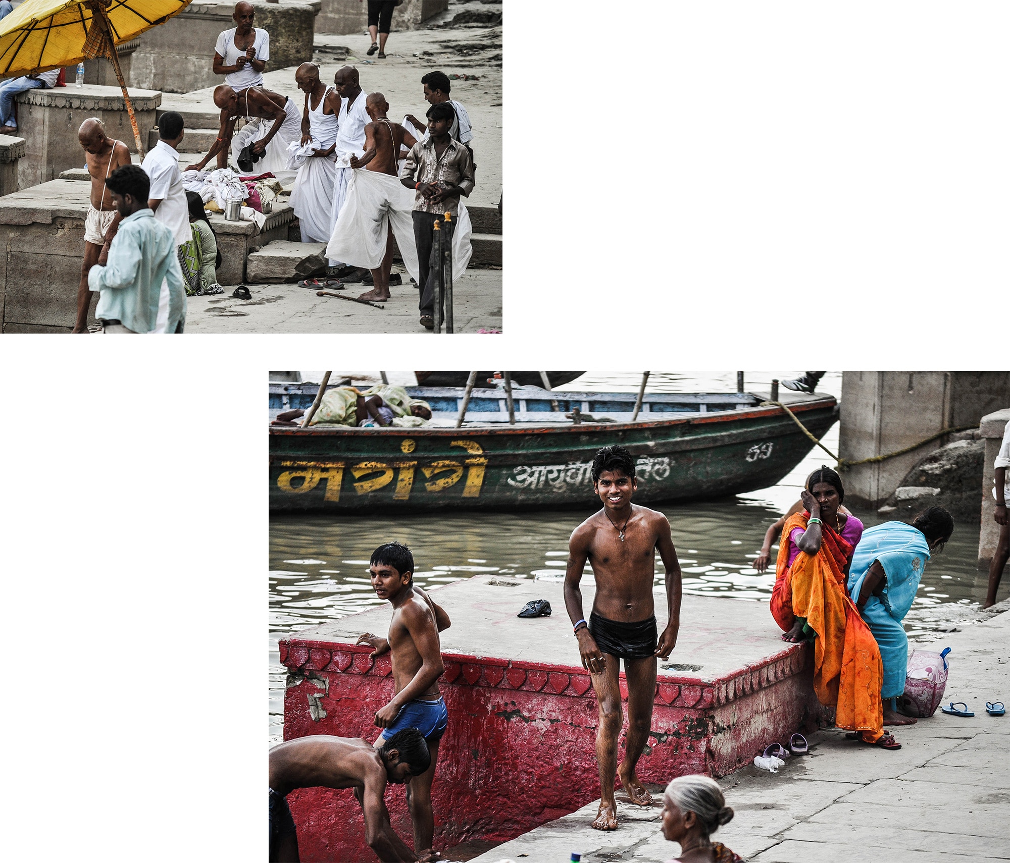 Des hommes au bord du ganges à Varanasi en Inde