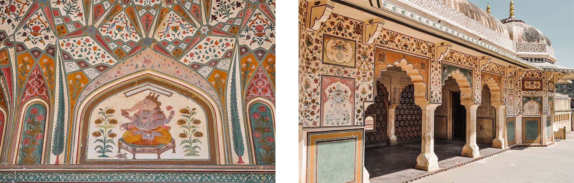Des fresques dans le fort Amber à Jaipur en Inde