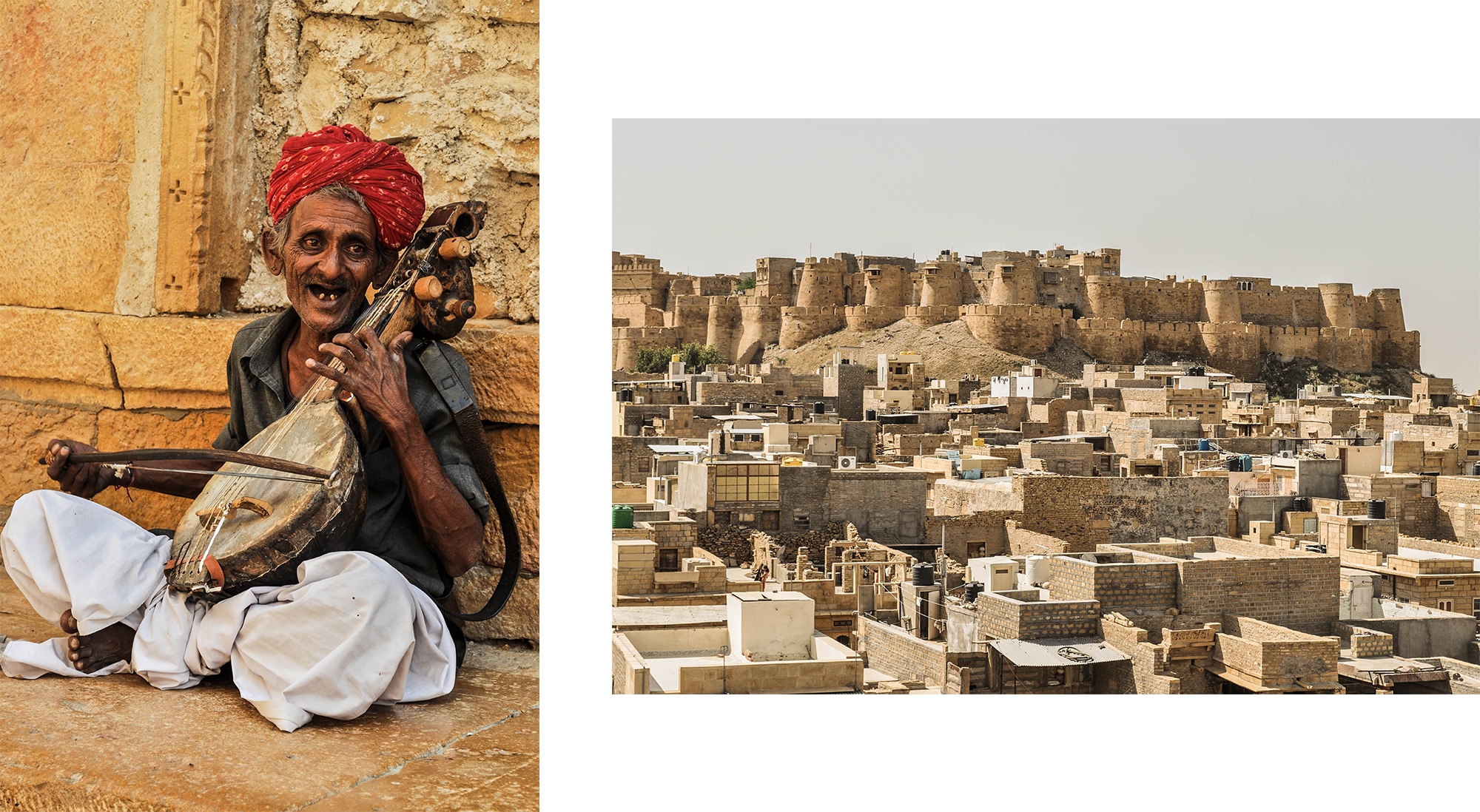Vue sur le fort de Jaisalmer au Rajasthan en Inde et homme au violon