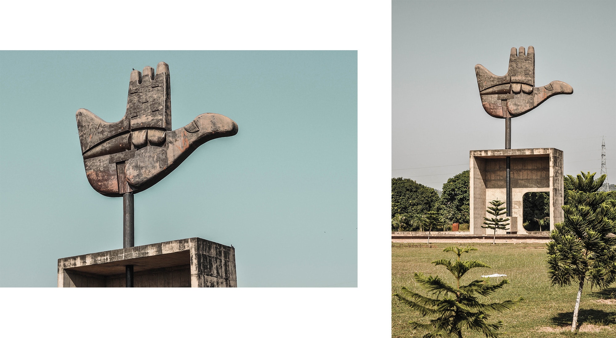 Sculpture d'une main à Chandigarh par l'architecte suisse le Corbusier en Inde